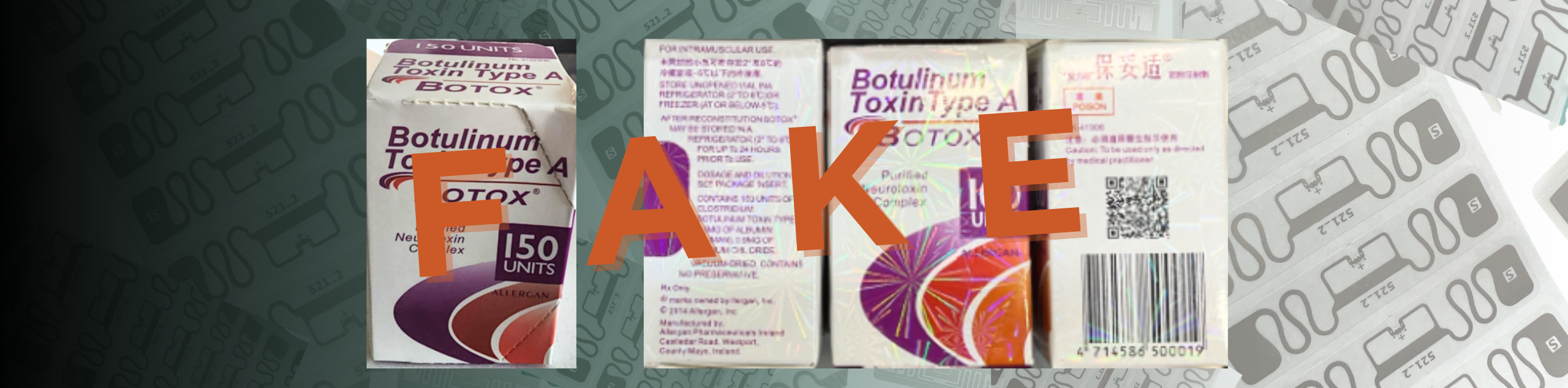 two pictures of fake Botox boxes. FAKE written in text overlay.