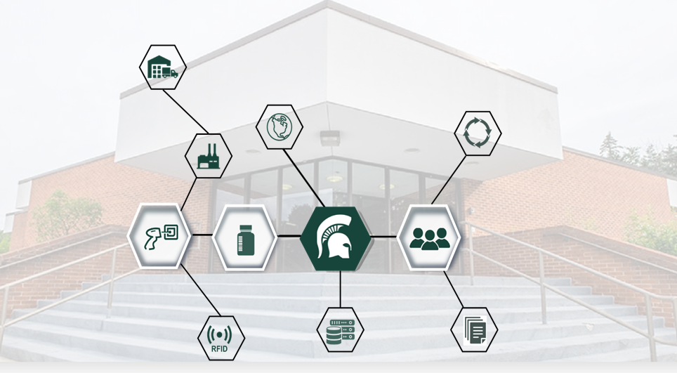 Exterior of MSU St Andrews building with a supply chain graphic overlay