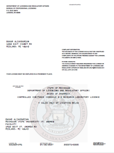 State of Michigan 2-5 Controlled Substance license