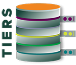 TIERS_Transparent_Data150 A six layer cylinder with three tags sticking out right side. The word TIERS on the left side vertically.