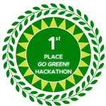 A green leaf in a circle shape with the words first place Go Green! Hackathon in the middle.