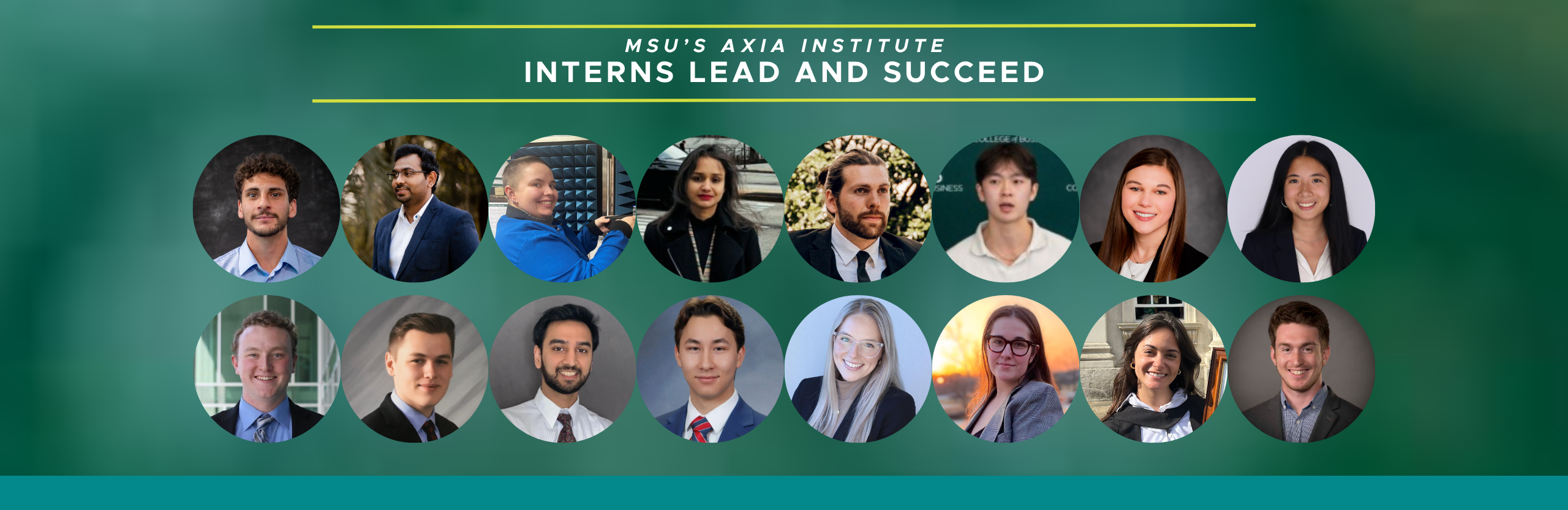 Banner photo with photos of 16 former Axia interns.